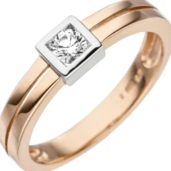 Ring mit weißem Zirkonia, Solitär, Quadrat, 375 Gold Rotgold bicolor Rotgoldring
