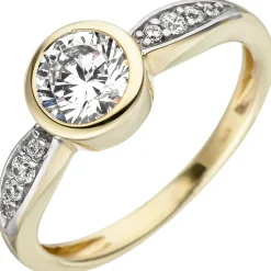 Ring mit weißen Zirkonia Solitär runde Fassung 375 Gold Gelbgold Fingerschmuck