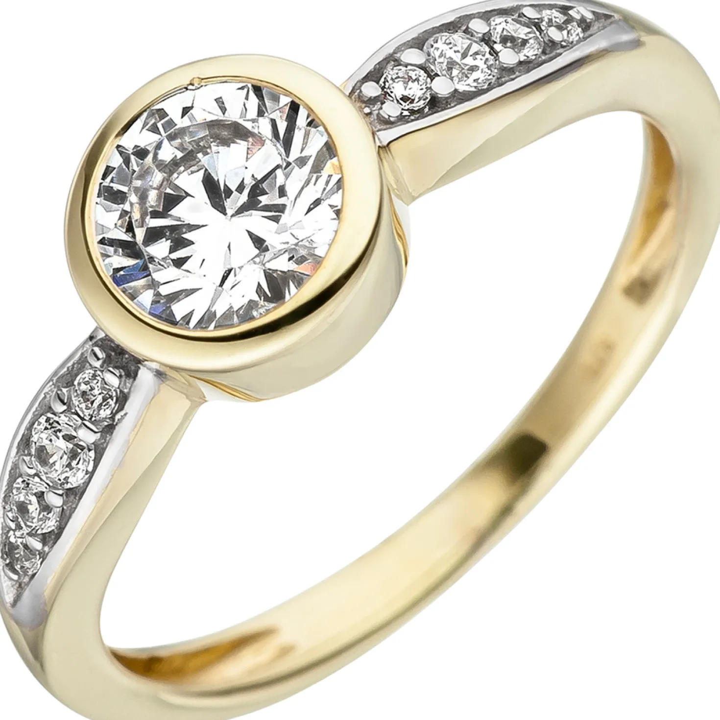 Ring mit weißen Zirkonia Solitär runde Fassung 375 Gold Gelbgold Fingerschmuck