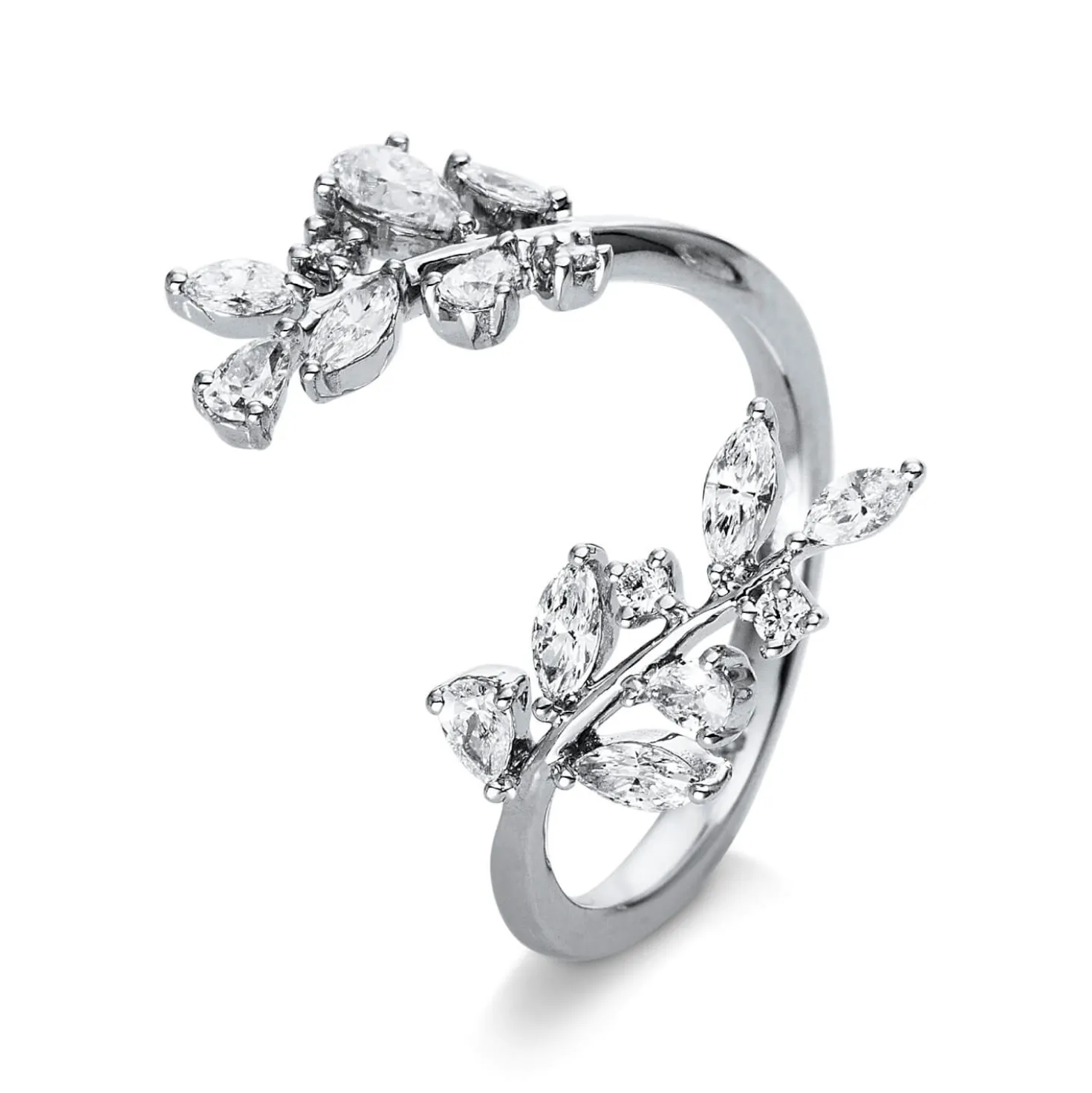 Ring offen Blumenzweig aus 750 Weißgold 16 Diamanten 0,77ct TW-SI B:22,7mm