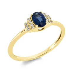 Ring Oval aus 750 Gelbgold Saphir 0,62ct blau 14 Brillanten 0,06ct TW-SI B:5,8mm