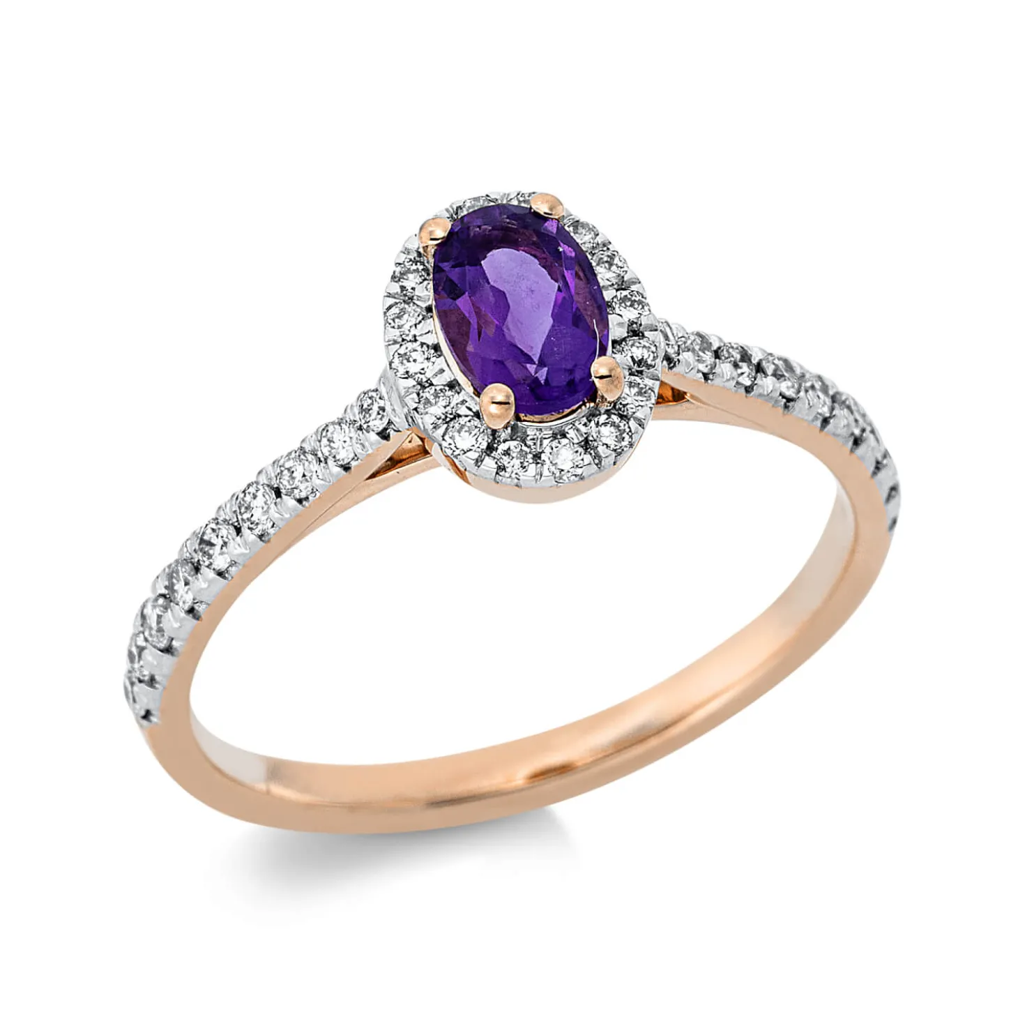 Ring Oval aus 750 Rotgold Amethyst 0,38ct lila 34 Brillanten 0,27ct TW-SI B:8,4mm