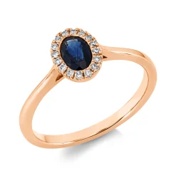 Ring Oval aus 750 Rotgold Saphir 0,53ct blau 16 Brillanten 0,07ct TW-SI B:8,3mm