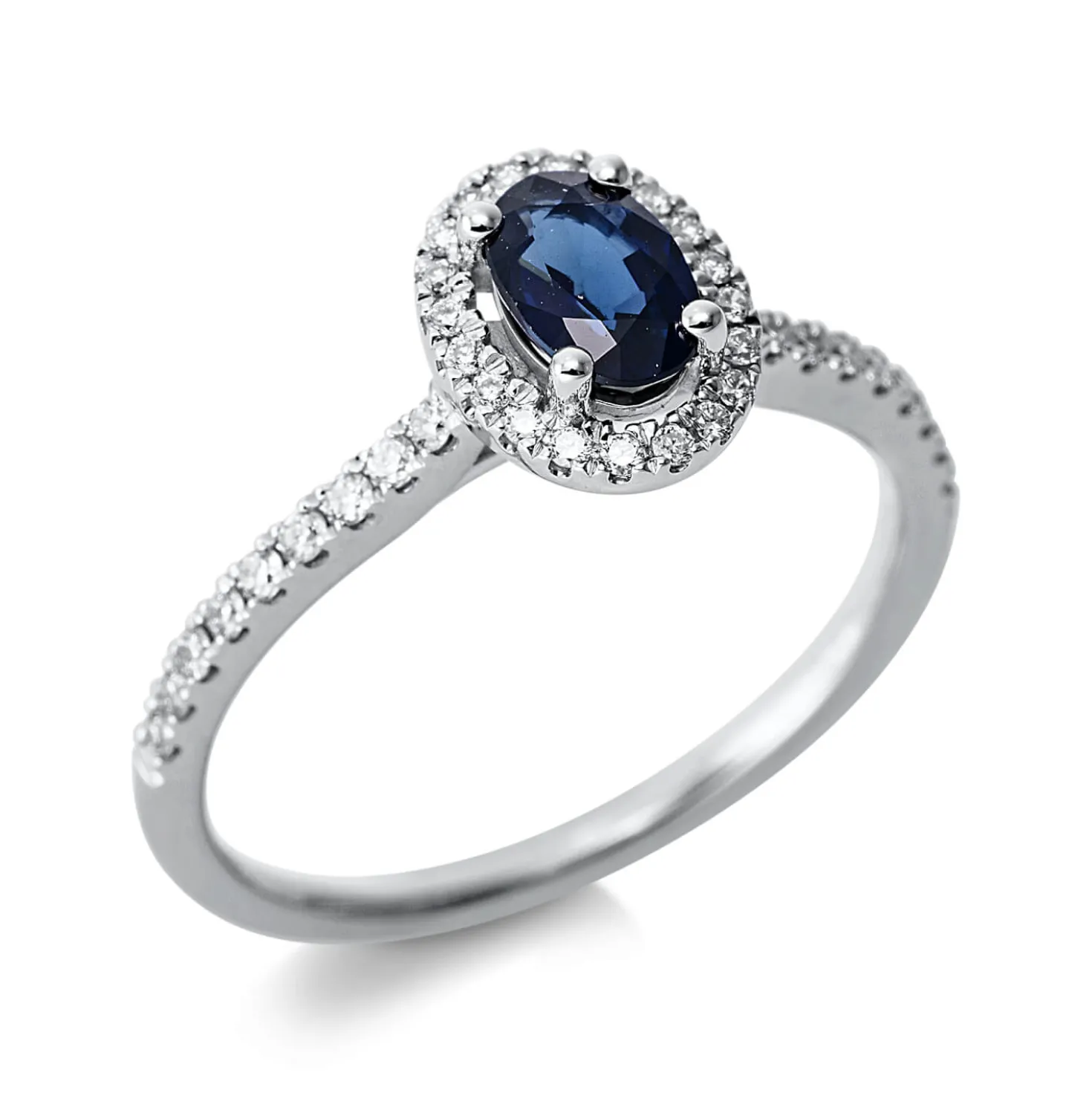 Ring Oval aus 750 Weißgold Saphir 0,57ct blau 38 Brillanten 0,22ct TW-SI B:9mm