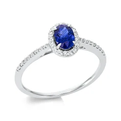 Ring Oval aus 750 Weißgold Saphir 0,57ct blau 32 Brillanten 0,14ct TW-SI B:8,1mm