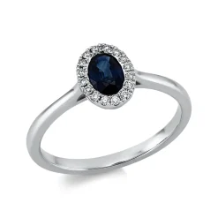 Ring Oval aus 750 Weißgold Saphir 0,5ct blau 16 Brillanten 0,07ct TW-SI B:8,3mm