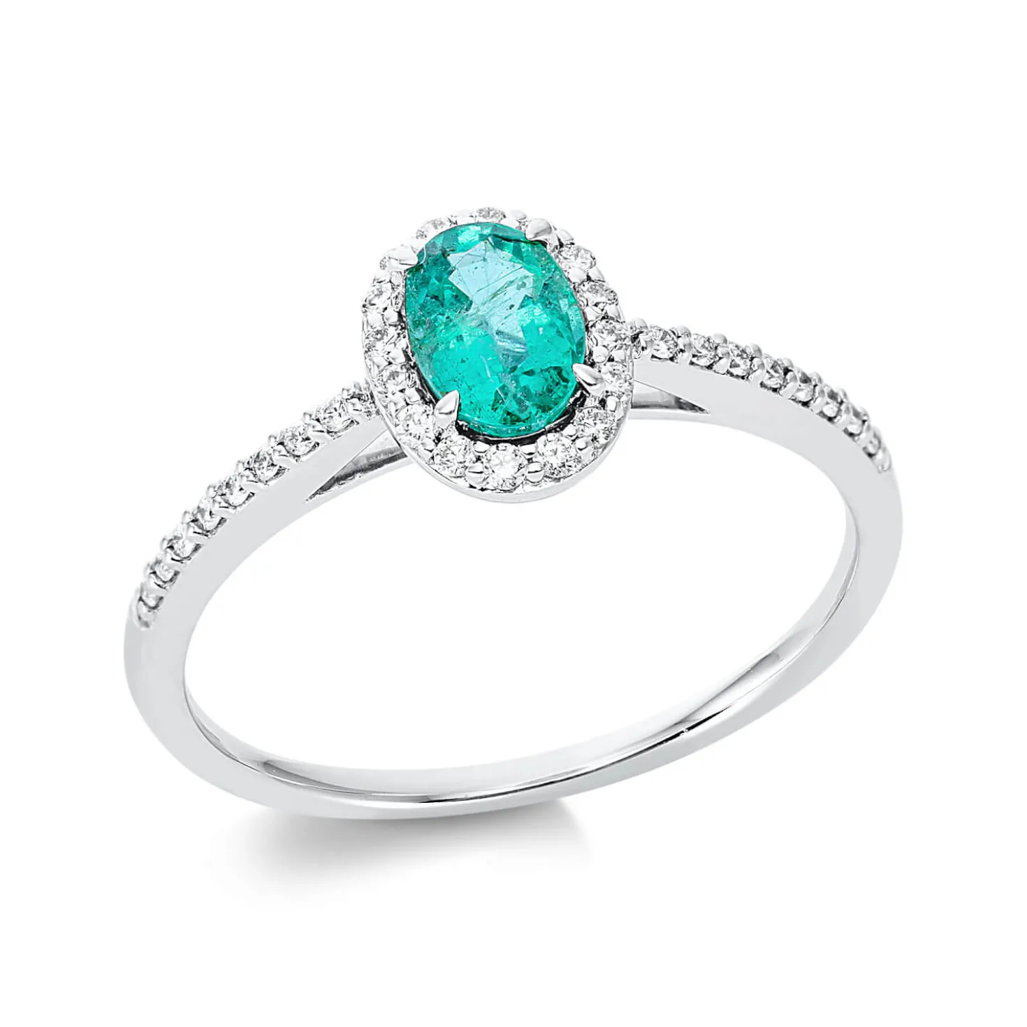 Ring Oval aus 750 Weißgold Smaragd 0,46ct grün 32 Brillanten 0,14ct TW-SI B:8,1mm