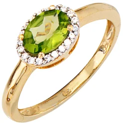 Ring Peridot & 20 Diamanten 0.1Ct W/P1 Brillanten 585 Gold Gelbgold