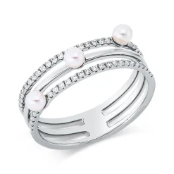 Ring 3-reihig aus 750 Weißgold 3 Süßwasser-Perlen 3mm weiß mit Brillanten B:7mm