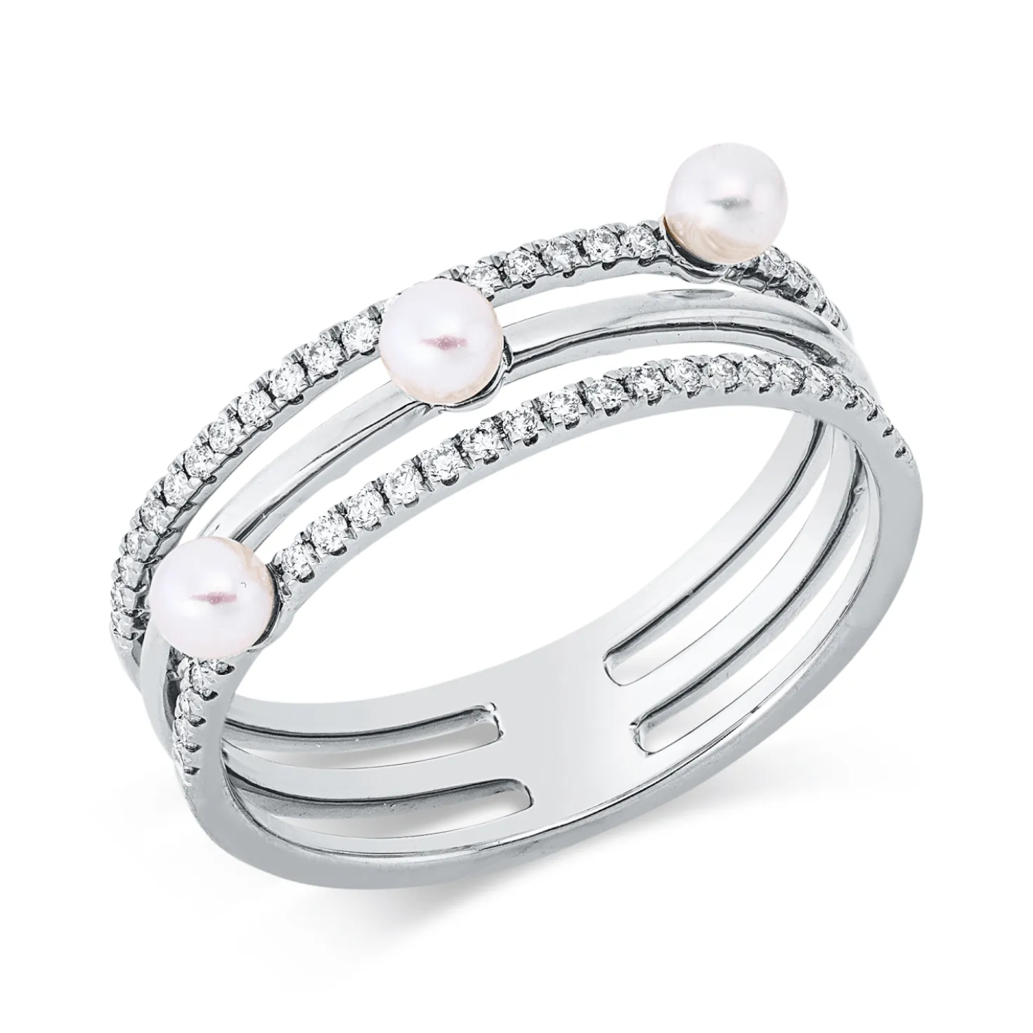 Ring 3-reihig aus 750 Weißgold 3 Süßwasser-Perlen 3mm weiß mit Brillanten B:7mm