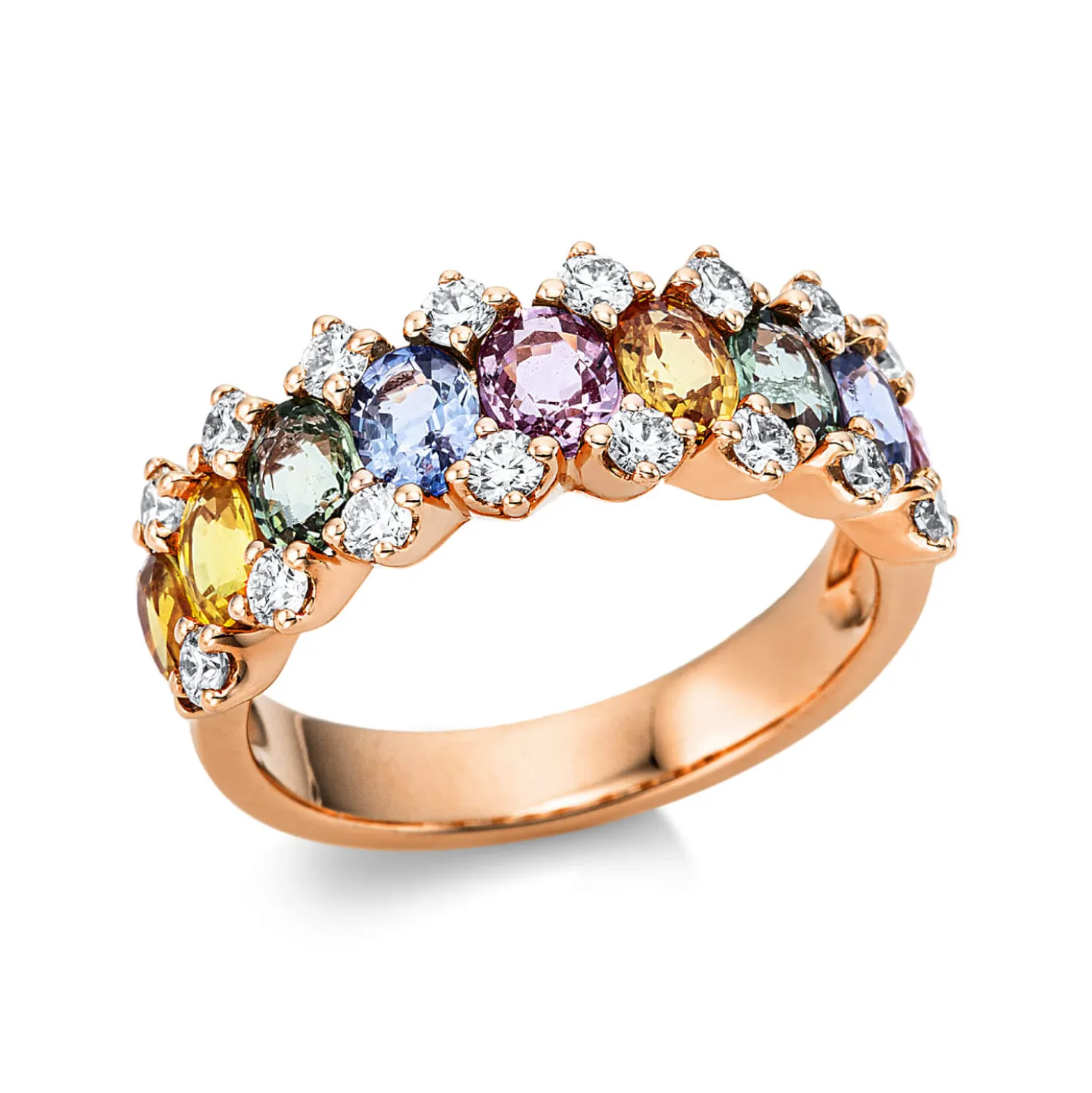 Ring 750 Rotgold 9 Saphire 3,15ct mehrfarbig 16 Brillanten 0,59ct TW-VSI/SI B:4,3mm