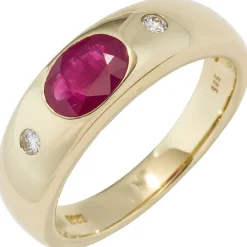Ring Rubin rot oval & 2 Diamanten 0.06Ct W/SI Brillanten 585 Gold Gelbgold