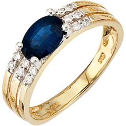 Ring Safirring mit 12 Diamanten 0.08Ct W/P1 blauer Safir oval 585 Gold Gelbgold