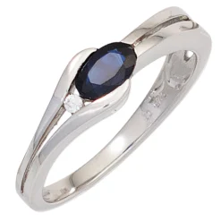 Ring Saphir Safir blau dunkelblau Diamant 0.02Ct W/P1 Brillant 333 Gold Weißgold