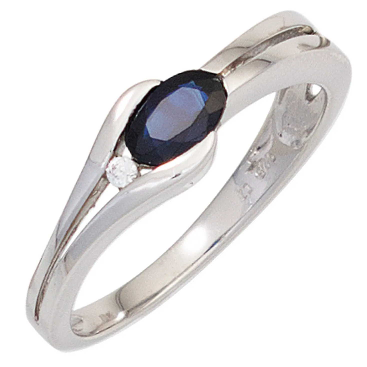 Ring Saphir Safir blau dunkelblau Diamant 0.02Ct W/P1 Brillant 333 Gold Weißgold