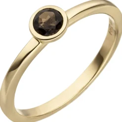 Ring Solitär Damenring mit Rauchquarz, facettiert rund, 585 Gold Gelbgold