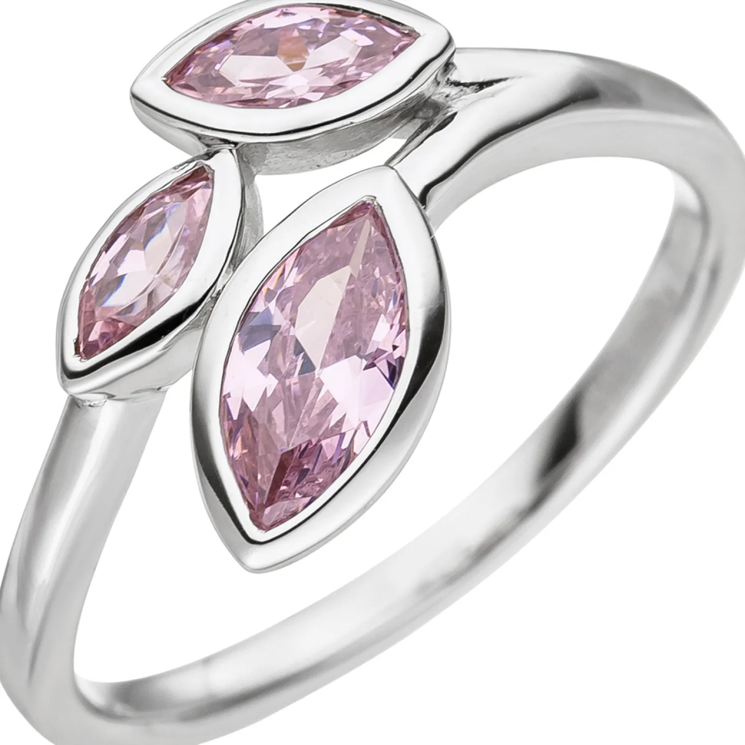 Ring 3 spitz-ovale Blätter mit rosa Zirkonia 925 Silber Fingerschmuck Damen