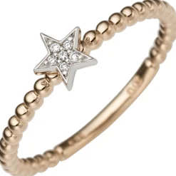 Ring Stern mit 6 Diamant 0.02Ct W/SI Brillanten aus 585 Gold Rotgold Weißgold