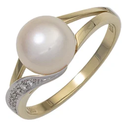 Ring Süßwasser Perle weiß & 6 Brillanten 0.02Ct W/SI 585 Gold Gelbgold