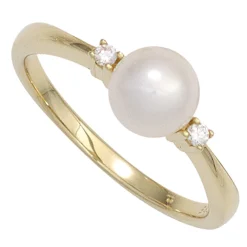 Ring Süßwasser Perle weiß & 2 Diamanten 0.05Ct W/SI Brillanten 585 Gold Gelbgold