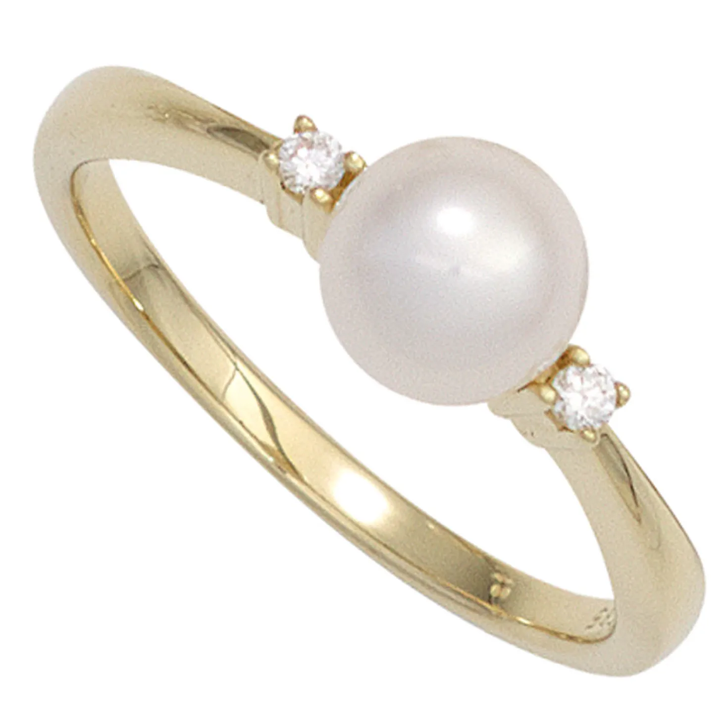 Ring Süßwasser Perle weiß & 2 Diamanten 0.05Ct W/SI Brillanten 585 Gold Gelbgold