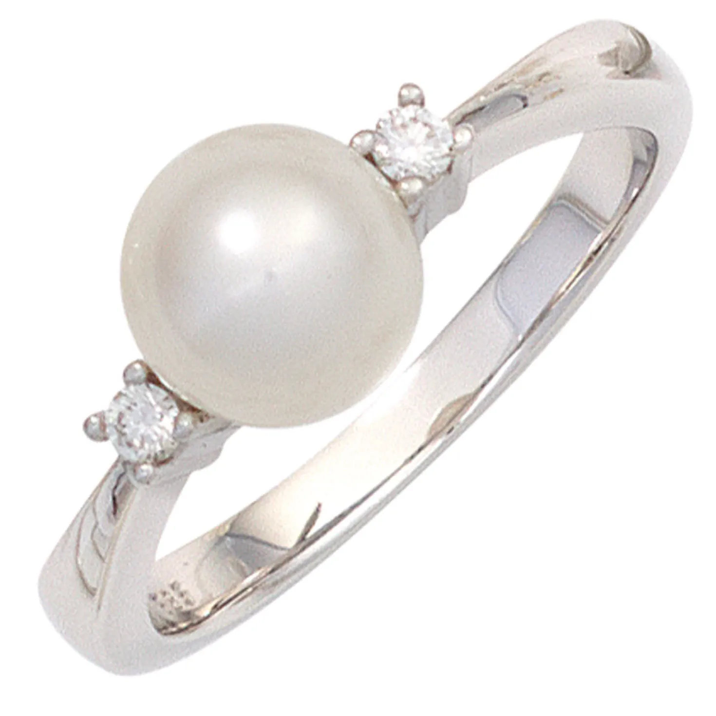 Ring Süßwasser Perle weiß & 2 Diamanten 0.08Ct W/SI Brillanten 585 Gold Weißgold
