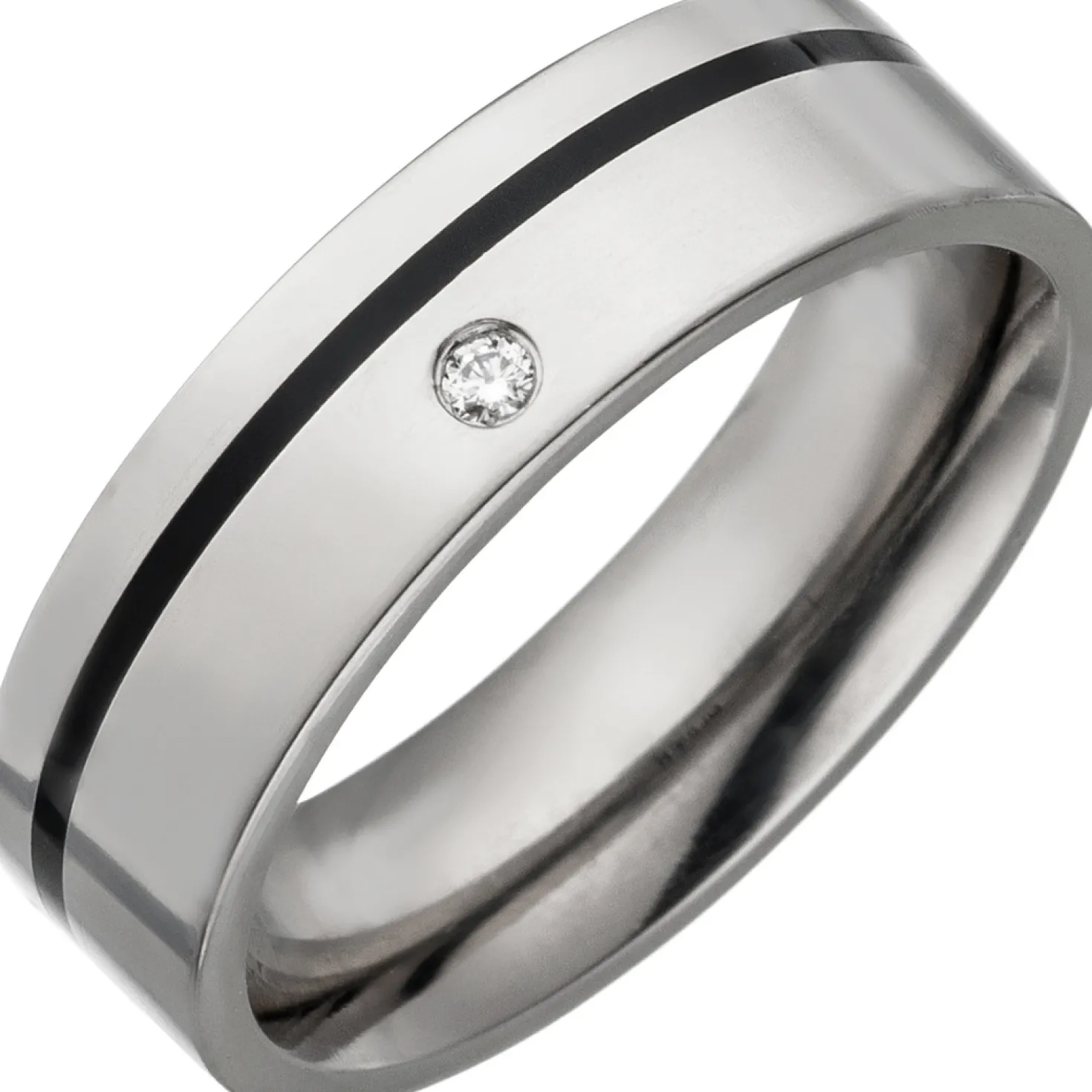 Ring Titanring Titan schwarzer Keramik Streifen Diamant 0.02Ct flach