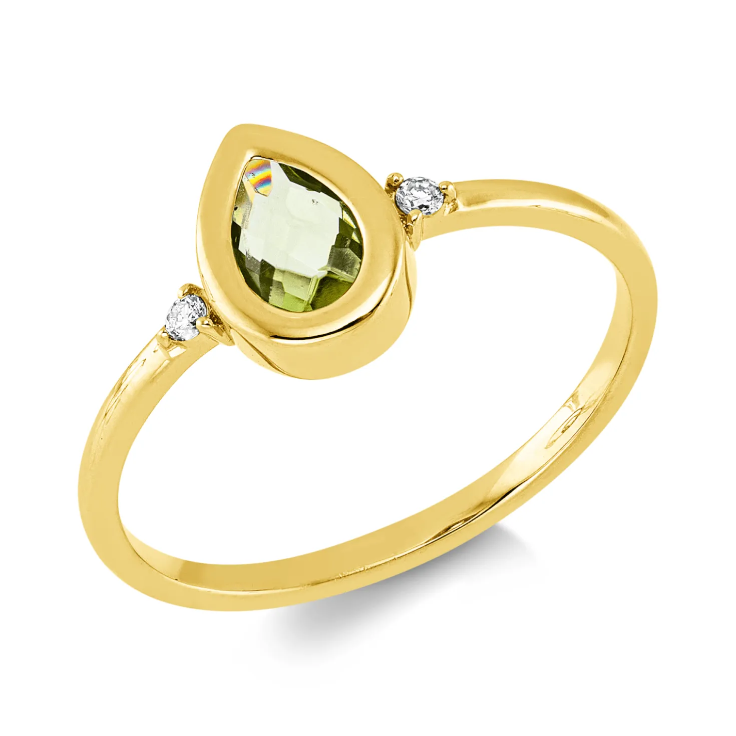 Ring Tropfen aus 750 Gelbgold Peridot 0,39ct 2 Brillanten 0,03ct TW-SI B:8,1mm