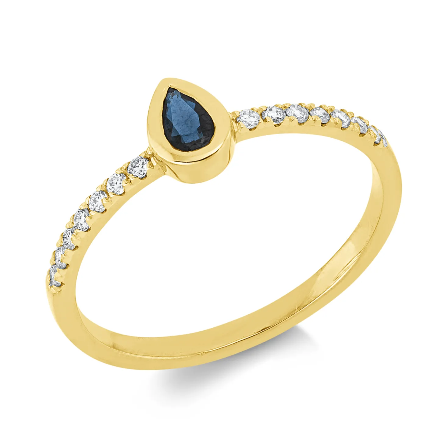 Ring Tropfen aus 750 Gelbgold Saphir 0,23ct blau 14 Brillanten 0,13ct TW-SI B:6,1mm