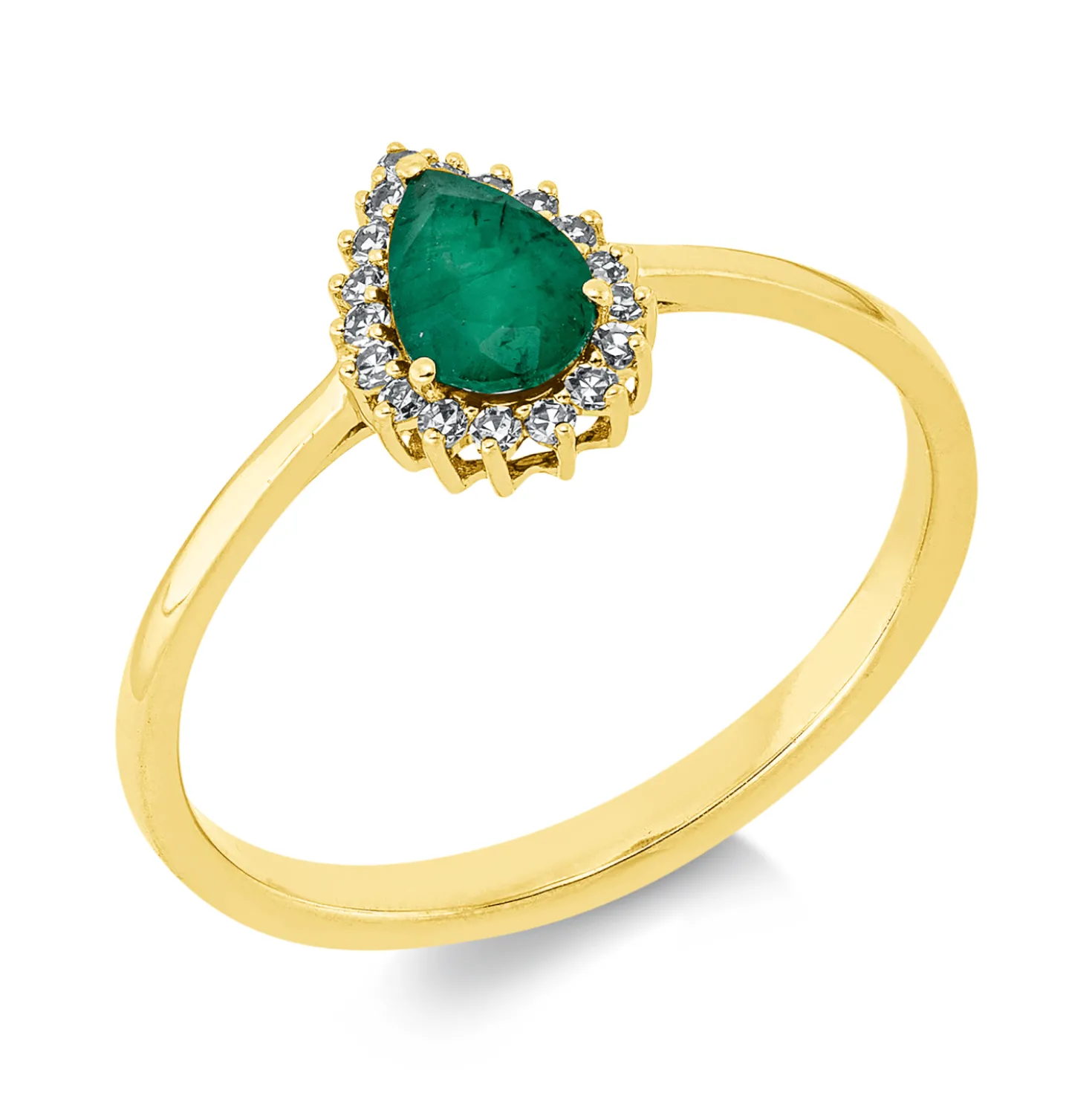 Ring Tropfen aus 750 Gelbgold Smaragd 0,45ct 18 Diamanten 0,09ct TW-SI B:9mm