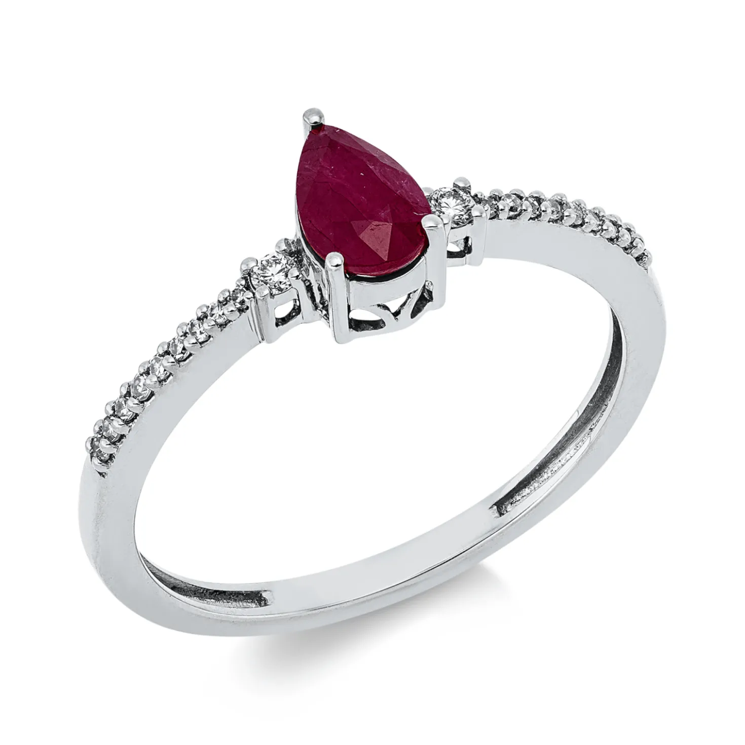 Ring Tropfen aus 750 Weißgold Rubin 0,56ct rot 20 Diamanten 0,08ct TW-SI B:6,4mm