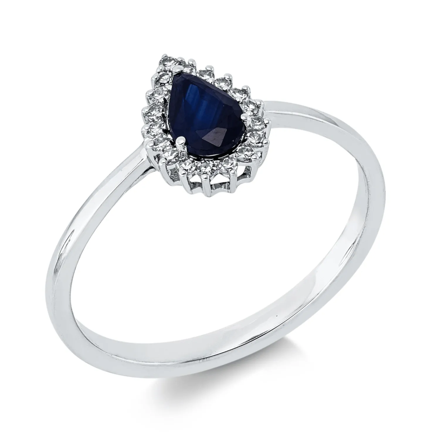 Ring Tropfen aus 750 Weißgold Saphir 0,46ct blau 18 Diamanten 0,09ct TW-SI B:9mm
