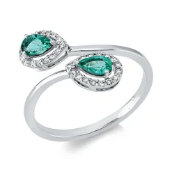 Ring Tropfen aus 750 Weißgold 2 Smaragde 0,4ct grün 32 Brillanten 0,16ct TW-SI