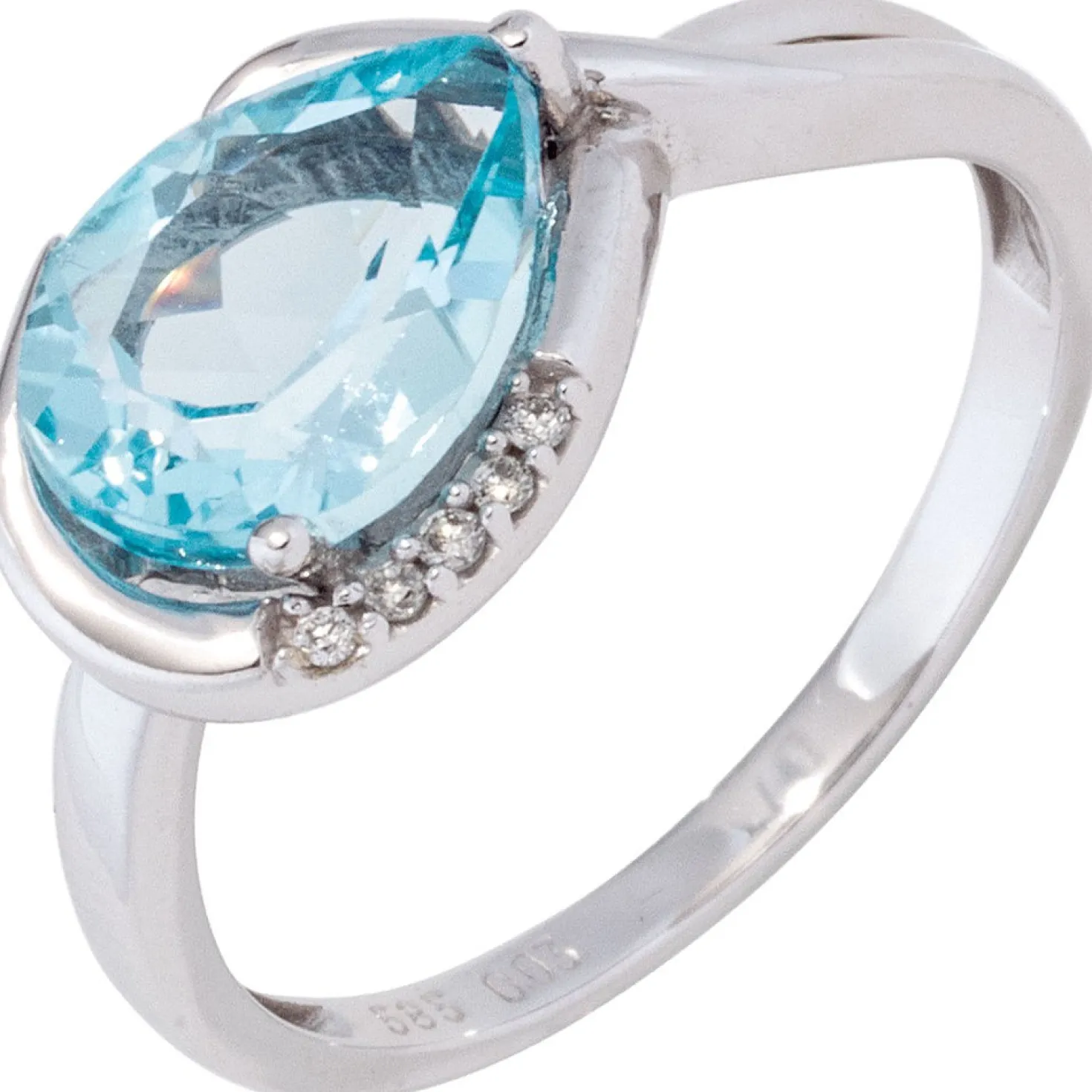 Ring Tropfen Blautopas hellblau & 5 Brillanten 0.03Ct 585 Weißgold