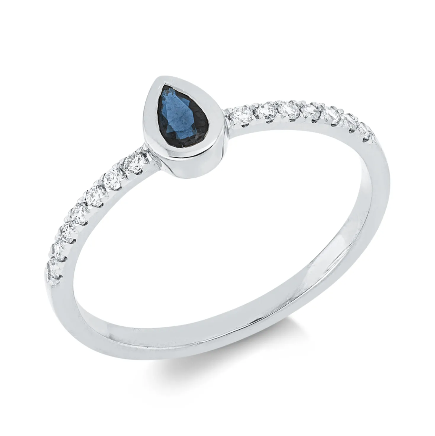 Ring Tropfen 750 Weißgold Saphir 0,29ct blau 14 Brillanten 0,13ct TW-SI B:6,1mm