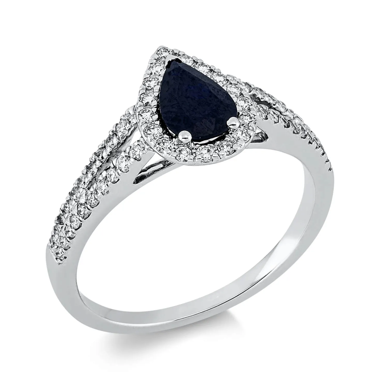 Ring Tropfen 750 Weißgold Saphir 0,82ct blau 57 Diamanten 0,34ct TW-SI B:10,4mm