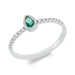 Ring Tropfen 750 Weißgold Smaragd 0,23ct grün 14 Brillanten 0,13ct TW-SI B:6,3mm