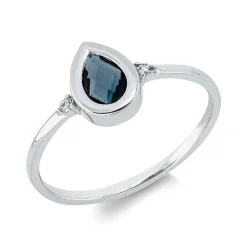 Ring Tropfen 750 Weißgold Topas 0,46ct London Blue 2 Brillanten 0,03ct TW-SI B:8mm