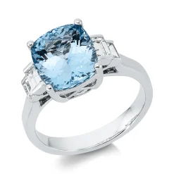 Ring 750 Weißgold Aquamarin 3,48ct blau 4 Diamanten Baguette-Schliff 0,36ct TW-SI