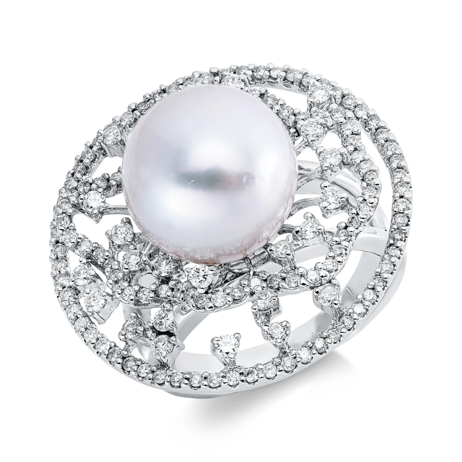 Ring 750 Weißgold Südsee-Perle 12,5mm weiß 140 Brillanten 1,36ct F-SI B:25,9mm