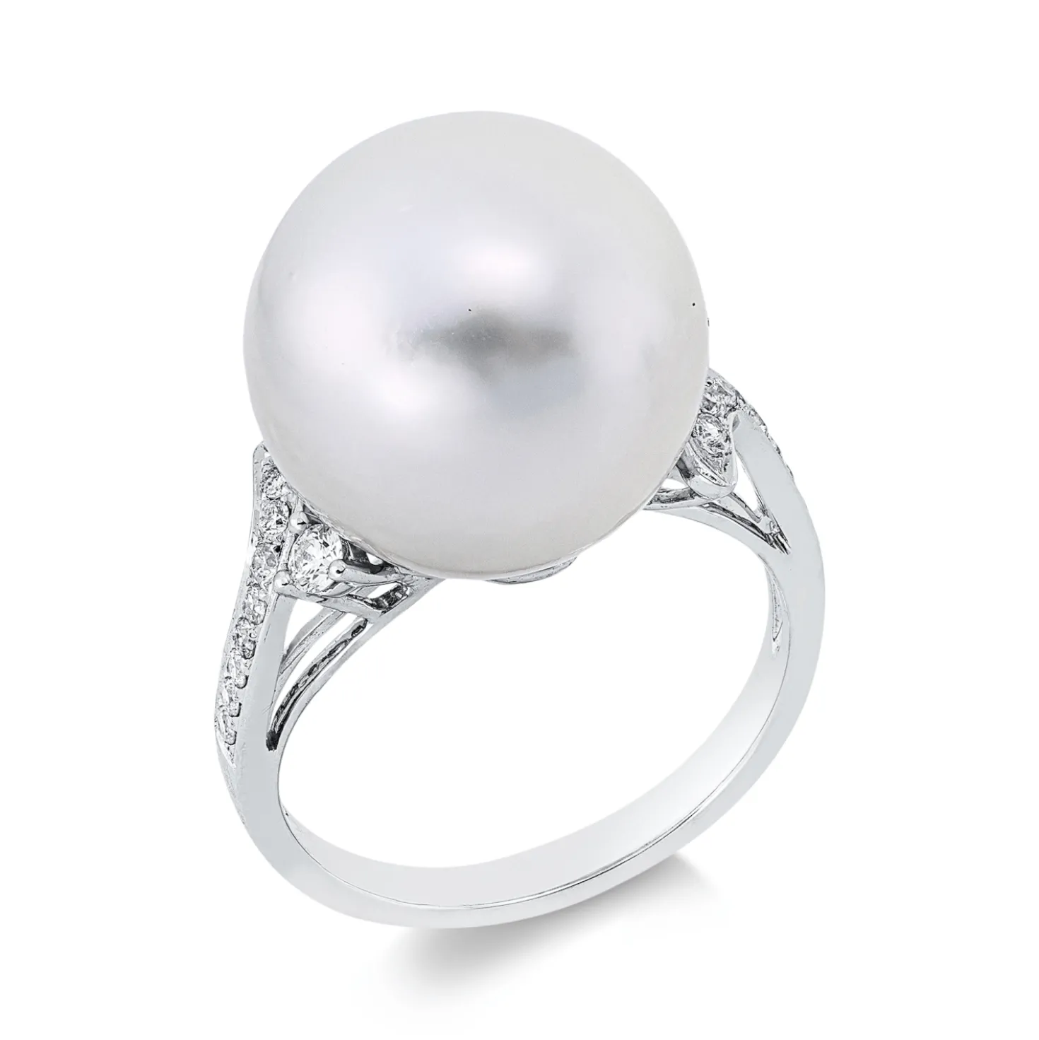 Ring 750 Weißgold Südsee-Perle 14mm weiß 18 Brillanten 0,21ct F-VSI/SI B:13,8mm