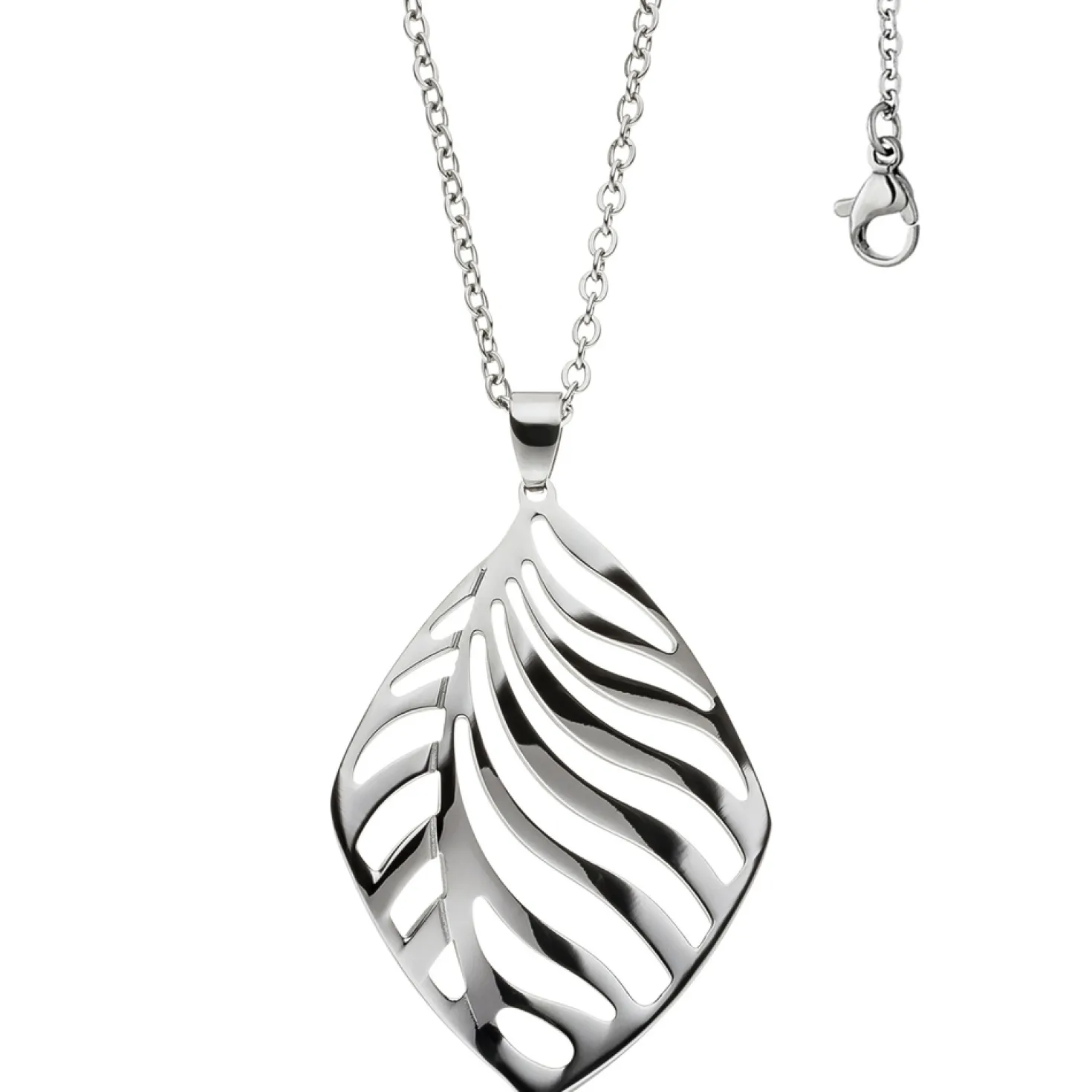 Rundankerkette Collier mit Anhänger Halsschmuck, Blattsilhouette Edelstahl, 47cm