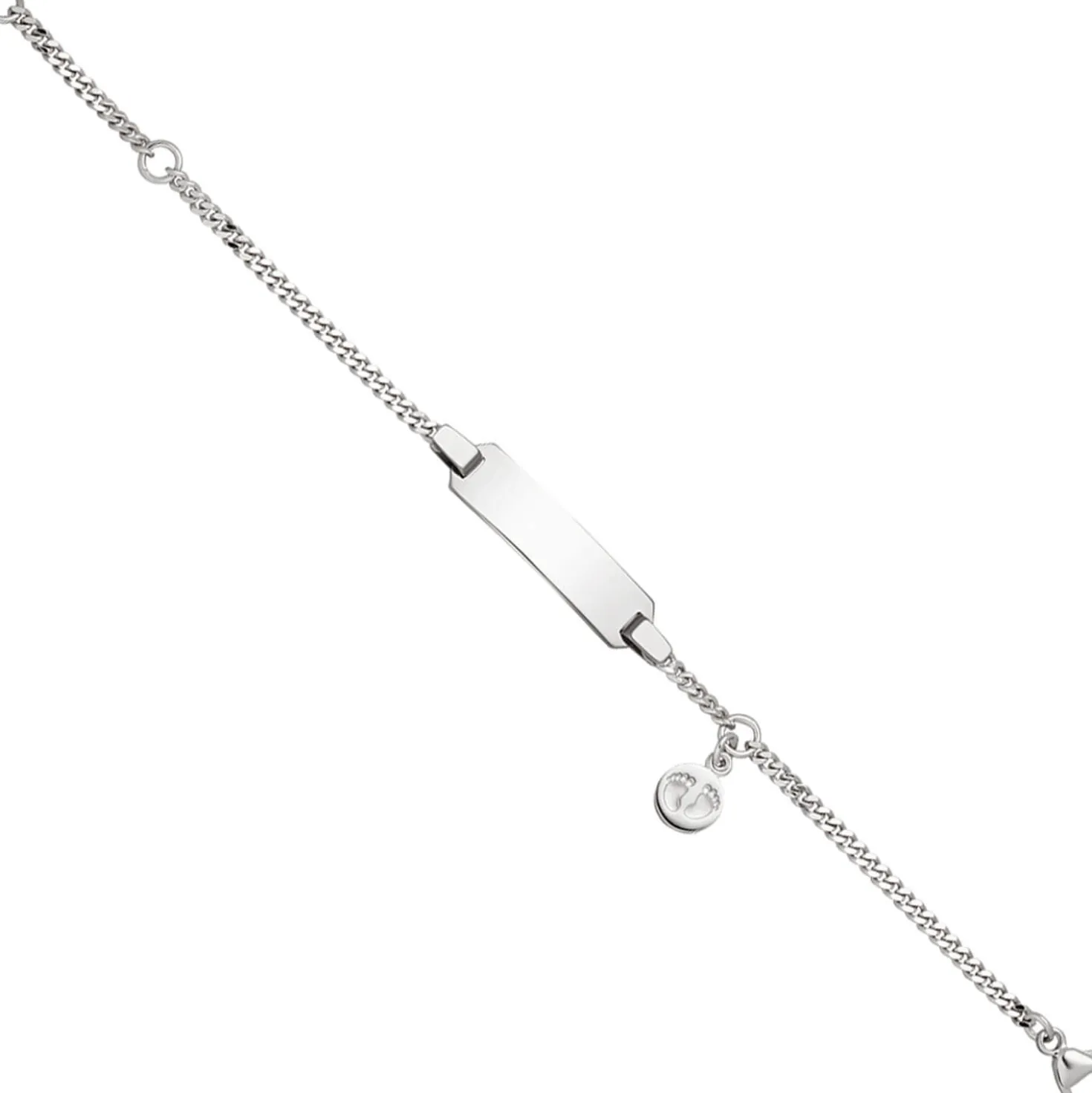 Schildband Babyfüße mit Panzerkette 14cm aus 925 Silber, rhodiniert teilmatt