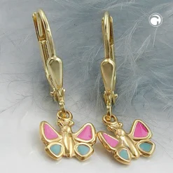 Schmetterling - Ohrringe Ohrhänger 22x7,5mm Brisur aus 375 Gelbgold Kinder