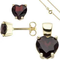 Schmuck-Set aus 333 Gold Gelbgold Granat-Herzen Ohrstecker Anhänger Kette 45cm