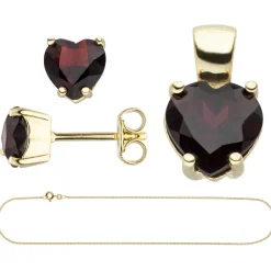 Schmuck-Set aus 333 Gold Gelbgold Granat-Herzen Ohrstecker Anhänger Kette 45cm