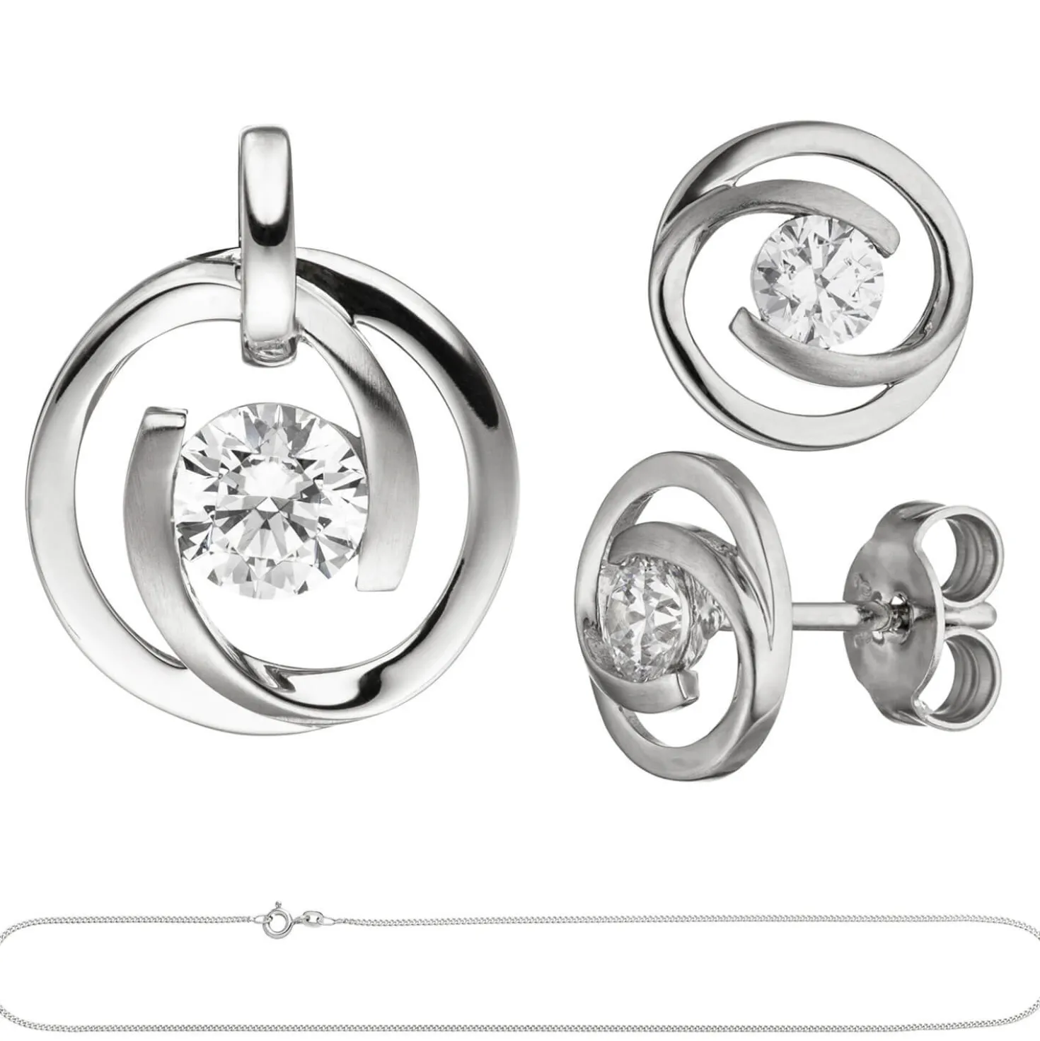 Schmuck-Set aus 333 Gold Weißgold 3 Zirkonia Ohrringe Anhänger und Kette 45cm