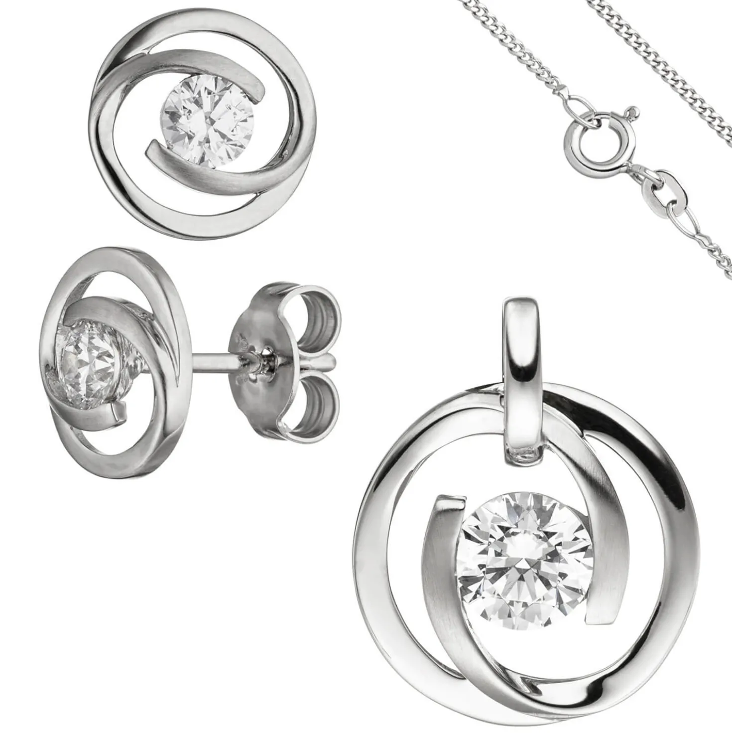 Schmuck-Set aus 333 Gold Weißgold 3 Zirkonia Ohrringe Anhänger und Kette 45cm