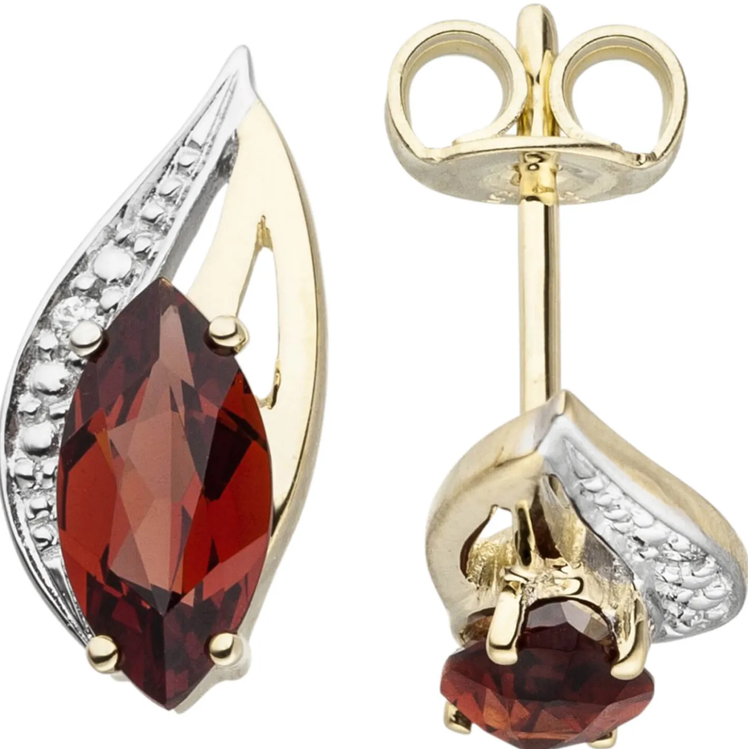 Schmuck-Set 585 Gelbgold Granate und Diamanten Ohrstecker Anhänger Kette 42cm