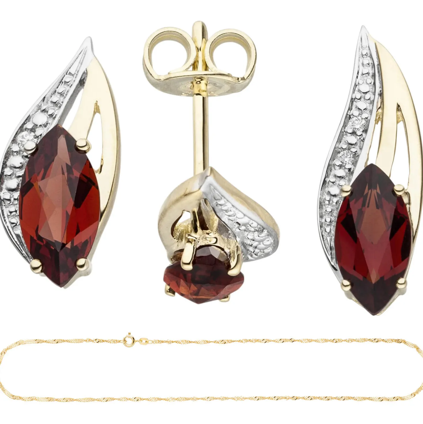 Schmuck-Set 585 Gelbgold Granate und Diamanten Ohrstecker Anhänger Kette 42cm